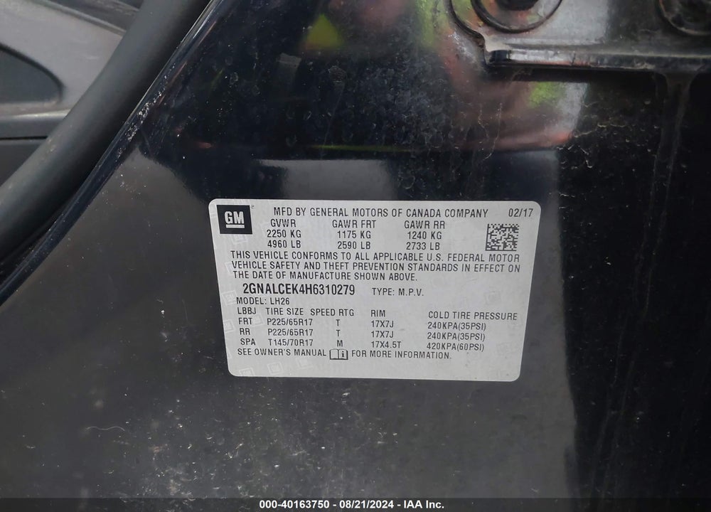 2017 CHEVROLET EQUINOX LT VIN: 2GNALCEK4H6310279
