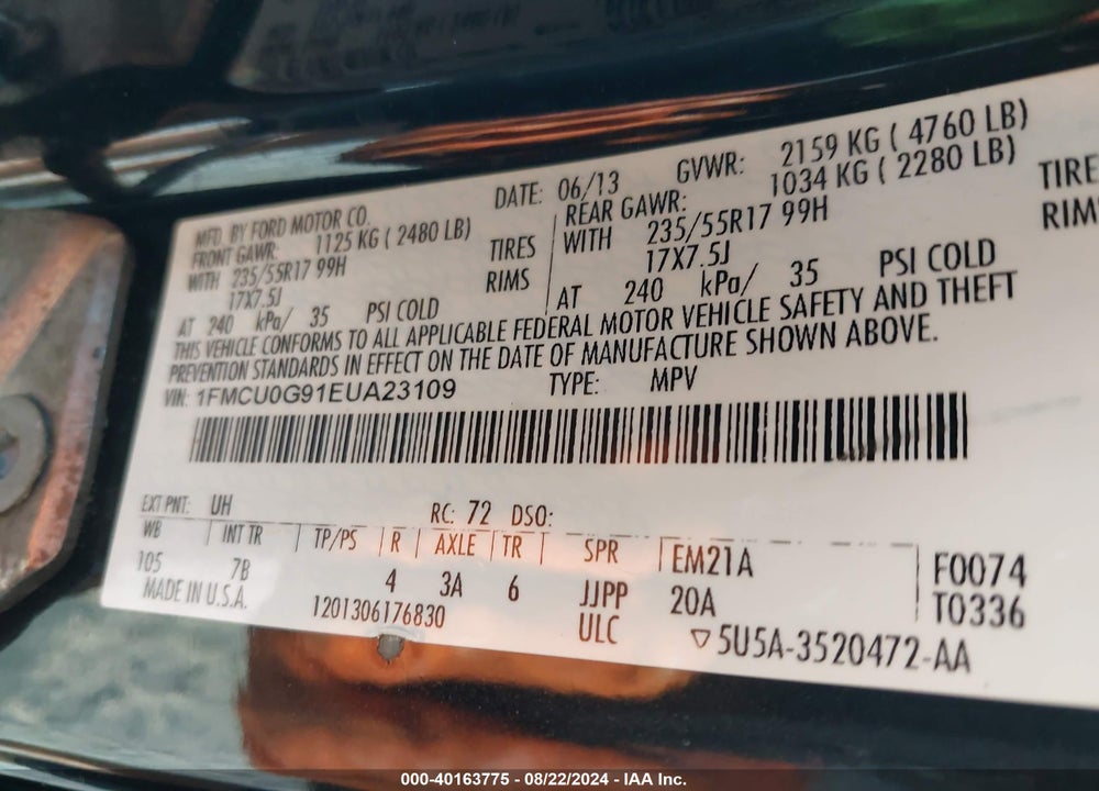 2014 FORD ESCAPE SE VIN: 1FMCU0G91EUA23109