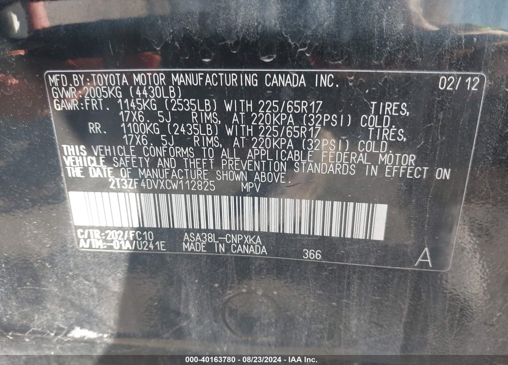 2012 TOYOTA RAV4 VIN: 2T3ZF4DVXCW112825