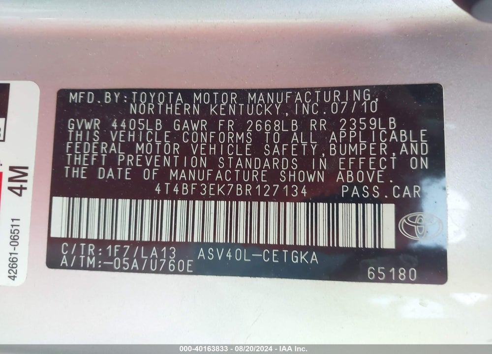 2011 TOYOTA CAMRY XLE VIN: 4T4BF3EK7BR127134