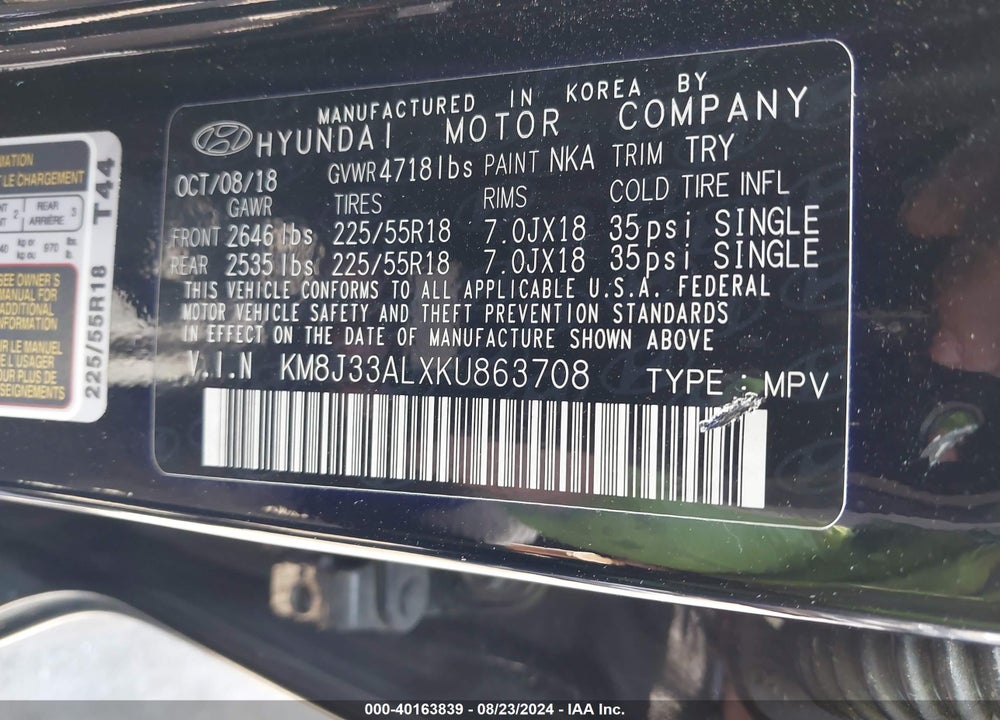 2019 HYUNDAI TUCSON SEL VIN: KM8J33ALXKU863708