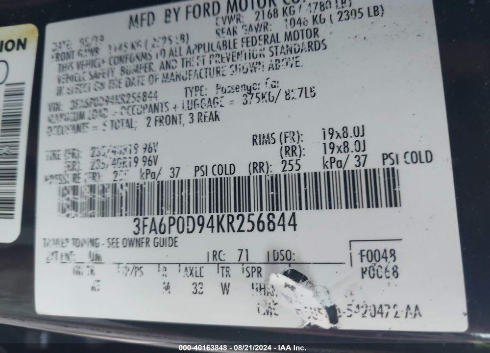 2019 FORD FUSION TITANIUM VIN: 3FA6P0D94KR256844