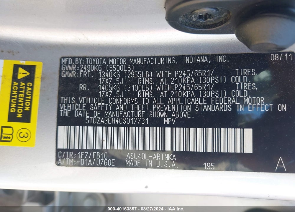 2012 TOYOTA HIGHLANDER VIN: 5TDZA3EH4CS017731
