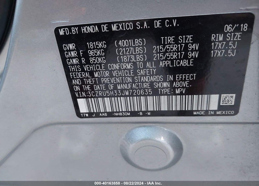 2018 HONDA HR-V LX VIN: 3CZRU5H33JM720635