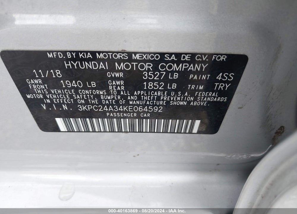 2019 HYUNDAI ACCENT SE VIN: 3KPC24A34KE064592