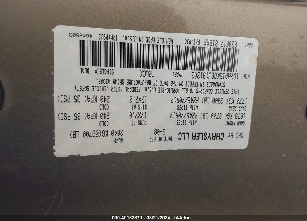 2008 DODGE RAM 1500 ST/SXT VIN: 1D7HA18K68J191303