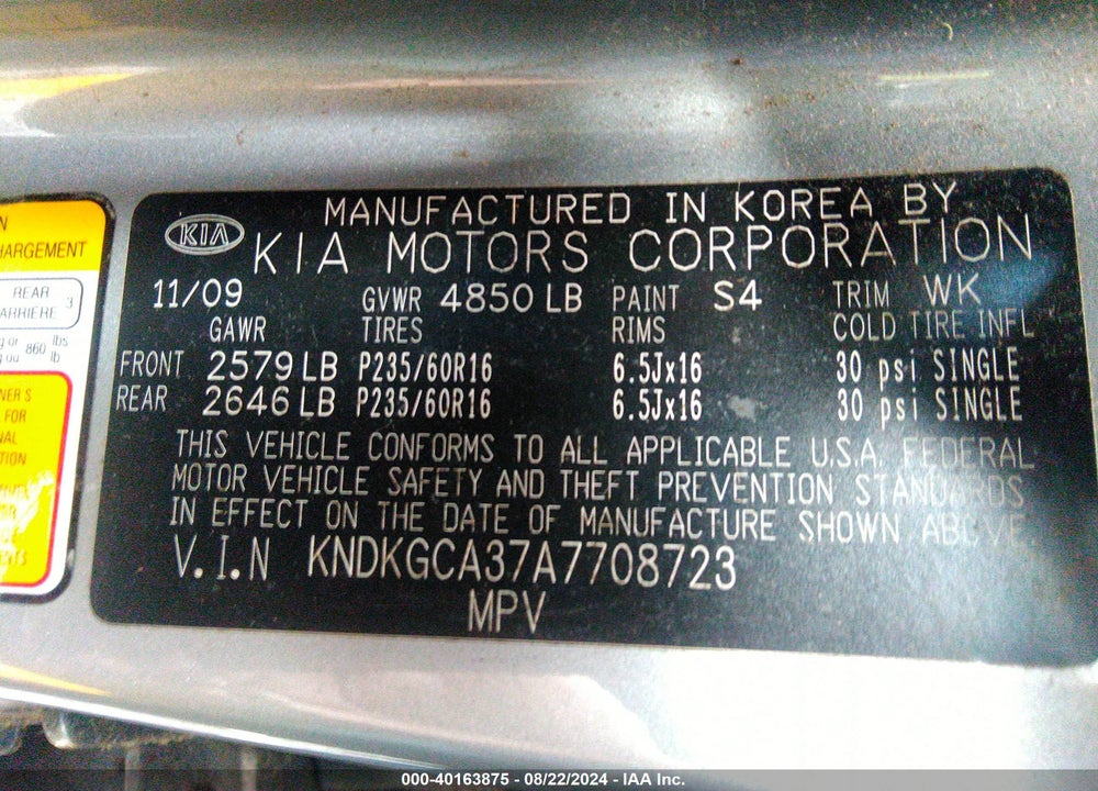 2010 KIA SPORTAGE LX V6 VIN: KNDKGCA37A7708723