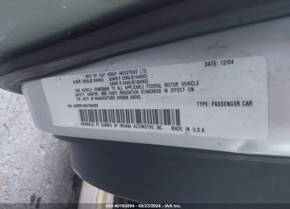 2005 SUBARU LEGACY 2.5I VIN: 4S3BP616857356303