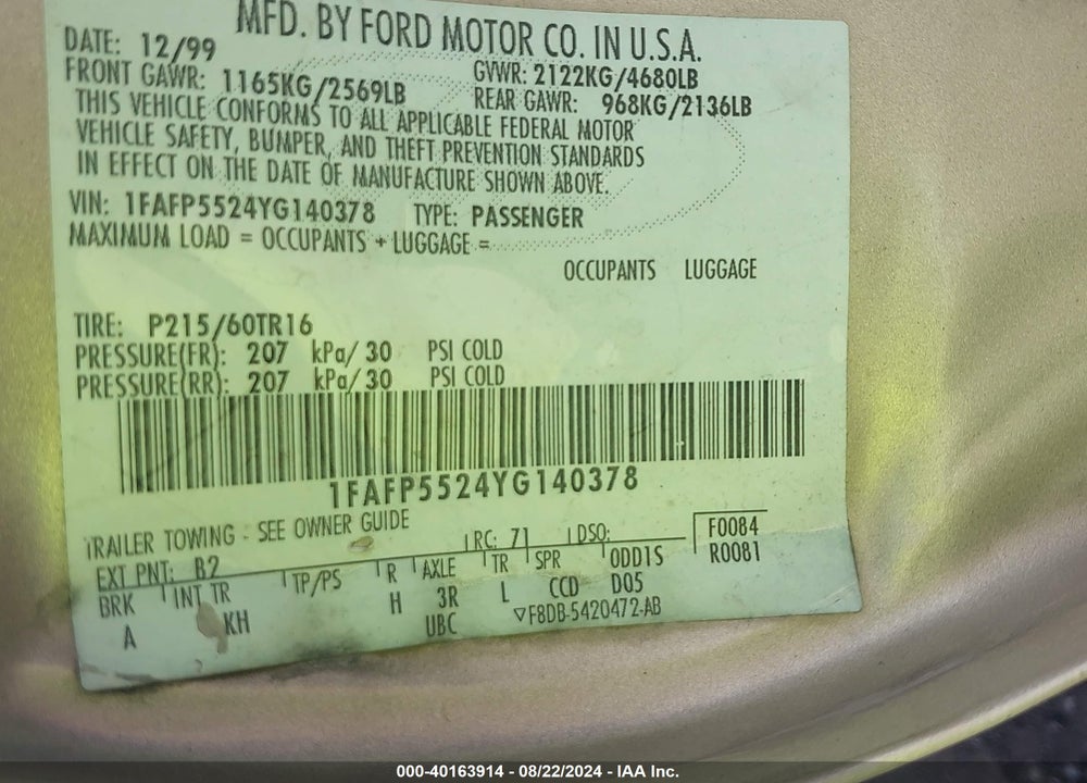 2000 FORD TAURUS SES VIN: 1FAFP5524YG140378