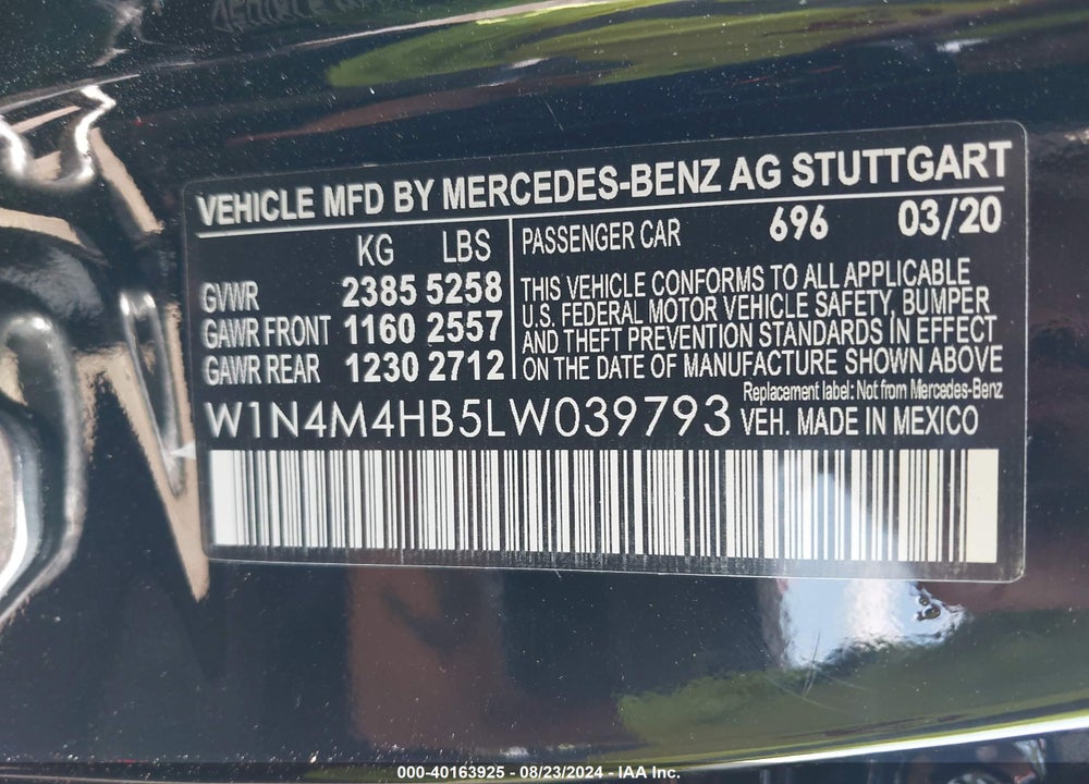 2020 MERCEDES-BENZ GLB 250 4MATIC VIN: W1N4M4HB5LW039793