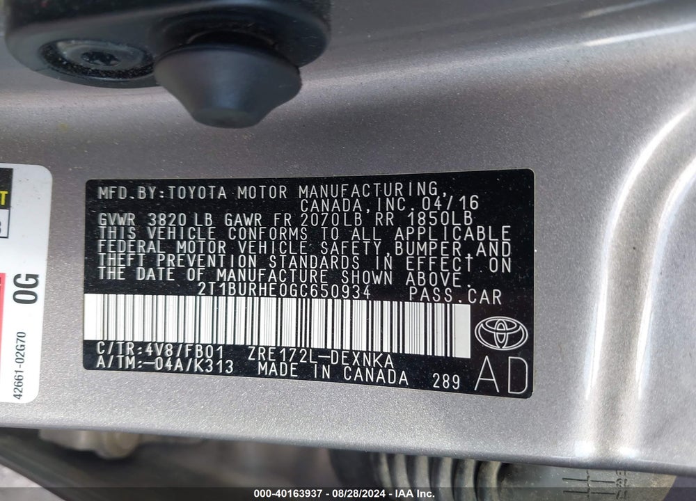 2016 TOYOTA COROLLA LE VIN: 2T1BURHE0GC650934