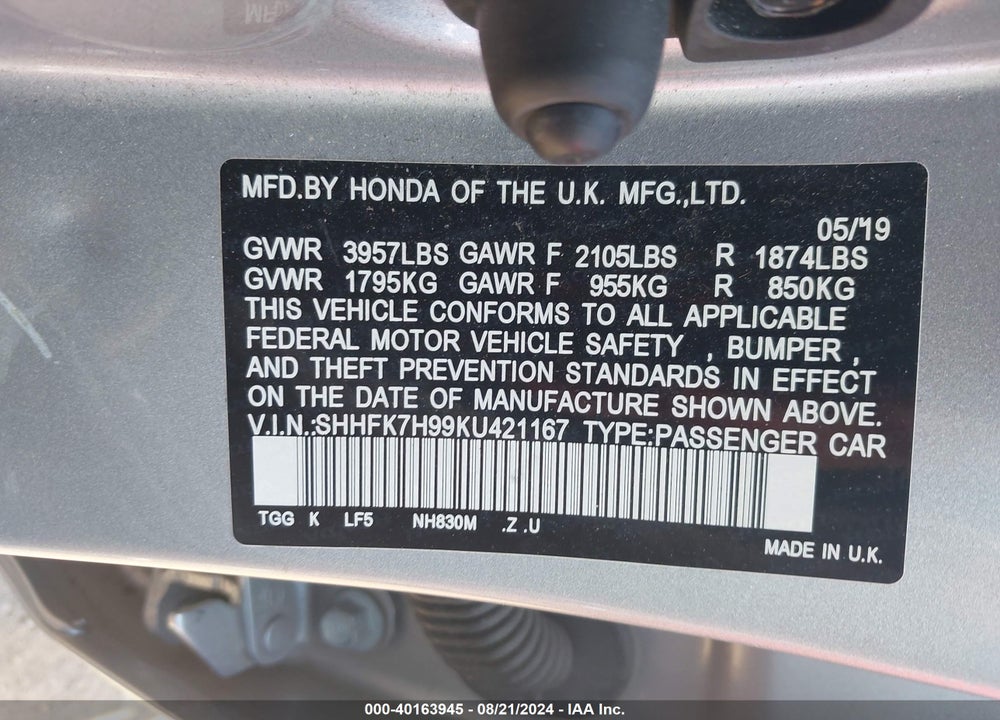 2019 HONDA CIVIC SPORT TOURING VIN: SHHFK7H99KU421167