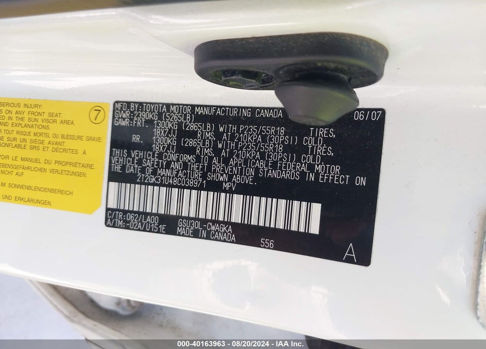 2008 LEXUS RX 350 VIN: 2T2GK31U48C038971
