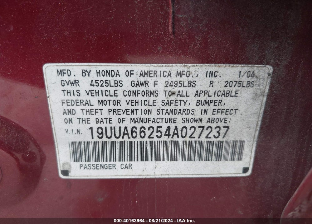 2004 ACURA TL VIN: 19UUA66254A027237