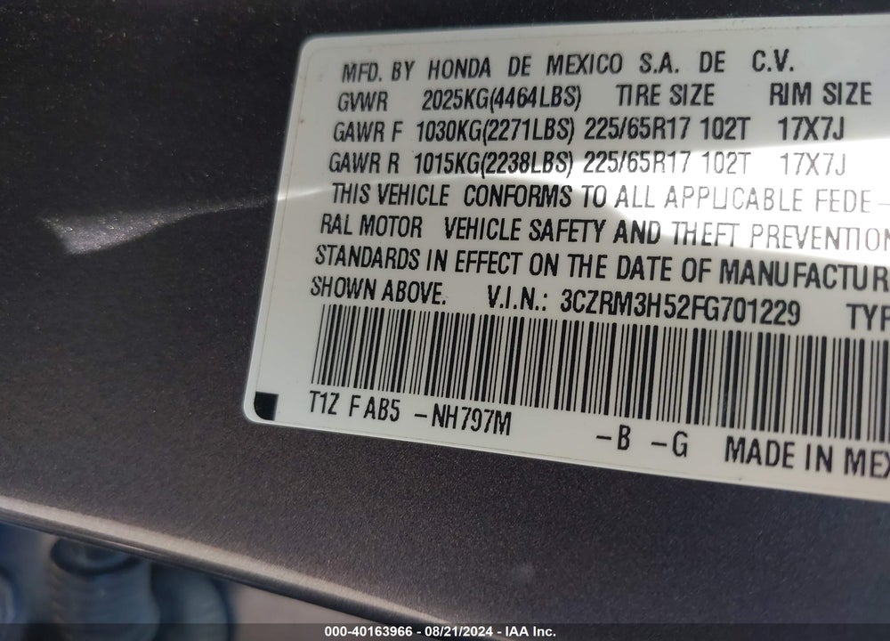 2015 HONDA CR-V EX VIN: 3CZRM3H52FG701229