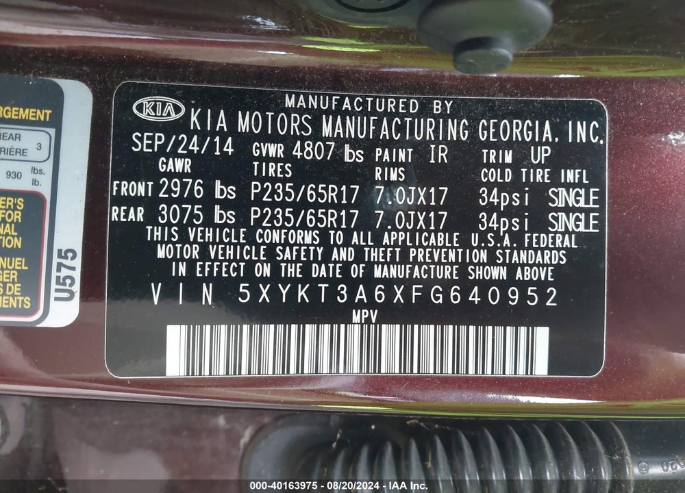 2015 KIA SORENTO LX VIN: 5XYKT3A6XFG640952