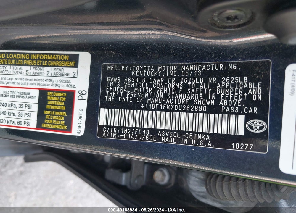 2013 TOYOTA CAMRY LE VIN: 4T1BF1FK7DU262890