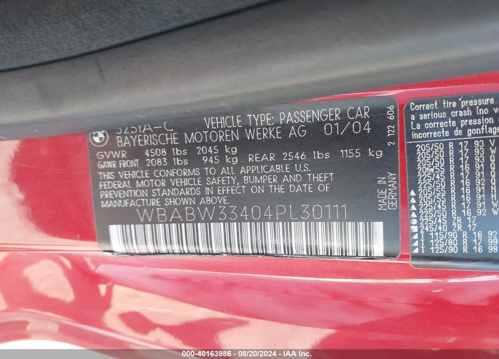 2004 BMW 325CI VIN: WBABW33404PL30111