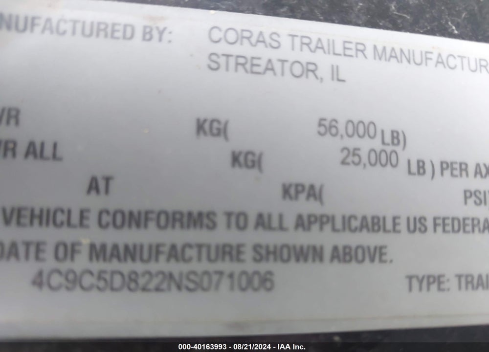 2022 CORAS WELDING END DUMP TRAILER VIN: 4C9C5D822NS071006