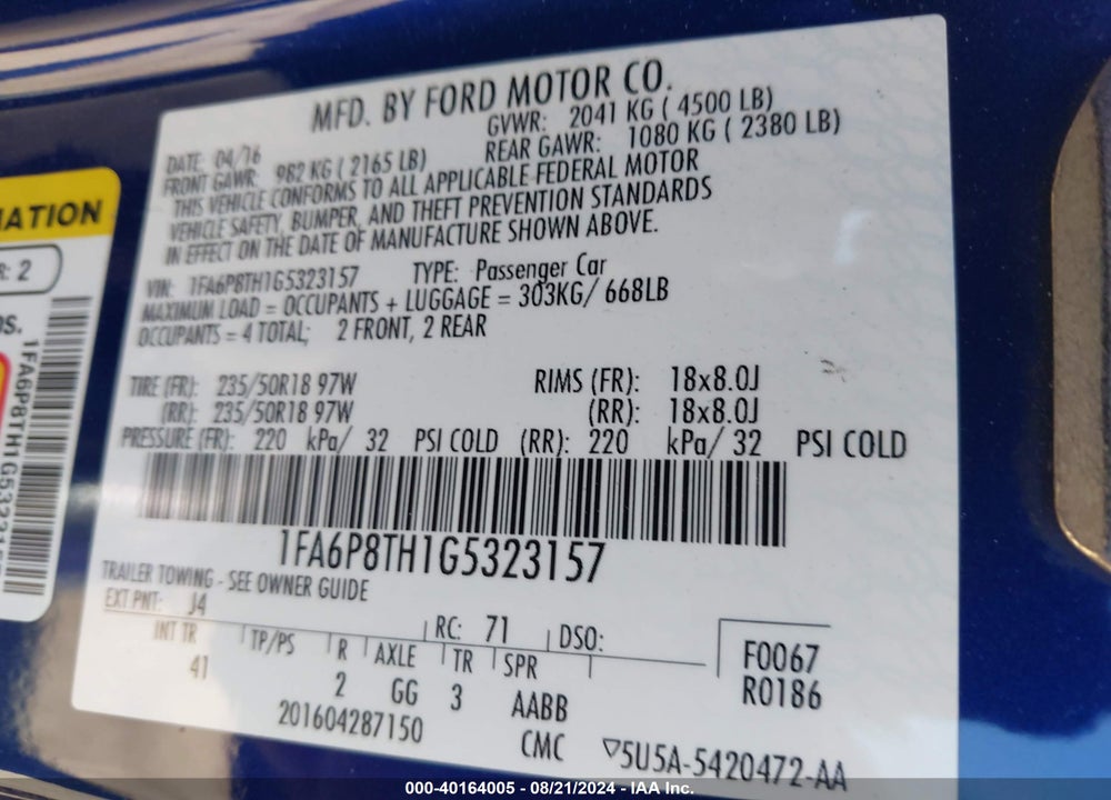 2016 FORD MUSTANG ECOBOOST VIN: 1FA6P8TH1G5323157