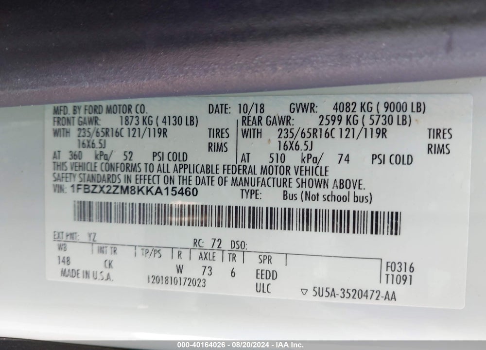 2019 FORD TRANSIT-350 XLT VIN: 1FBZX2ZM8KKA15460