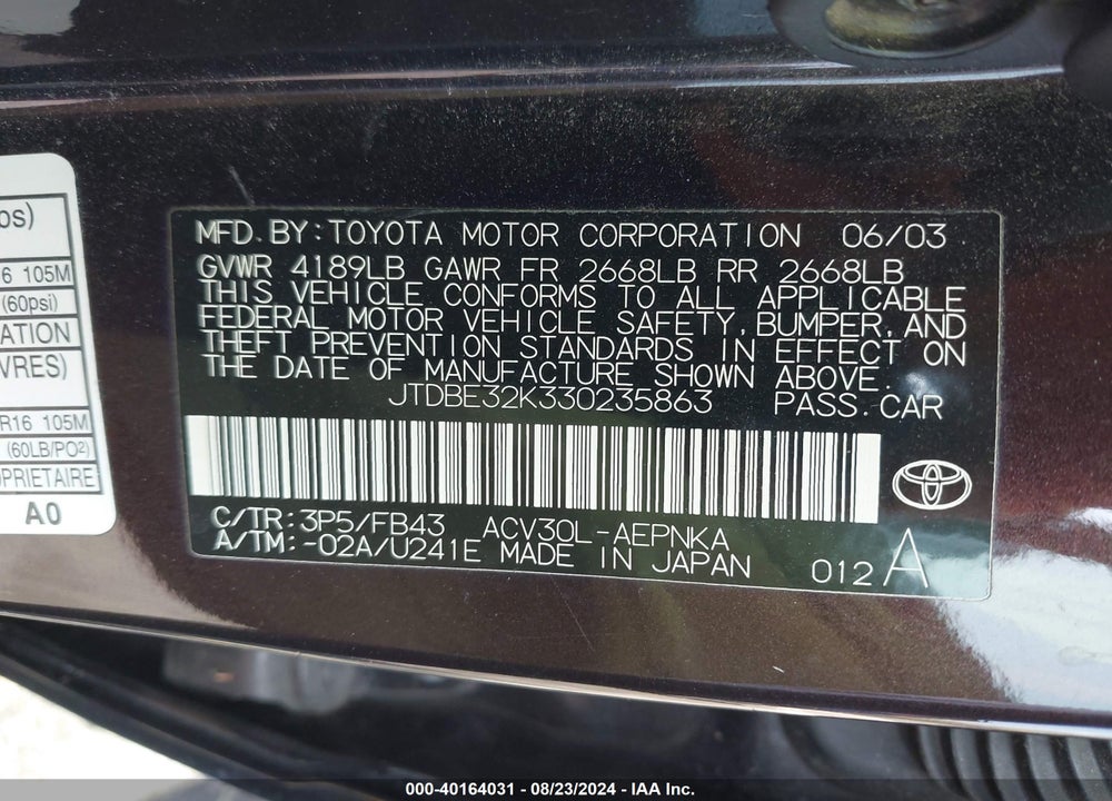 2003 TOYOTA CAMRY LE VIN: JTDBE32K330235863