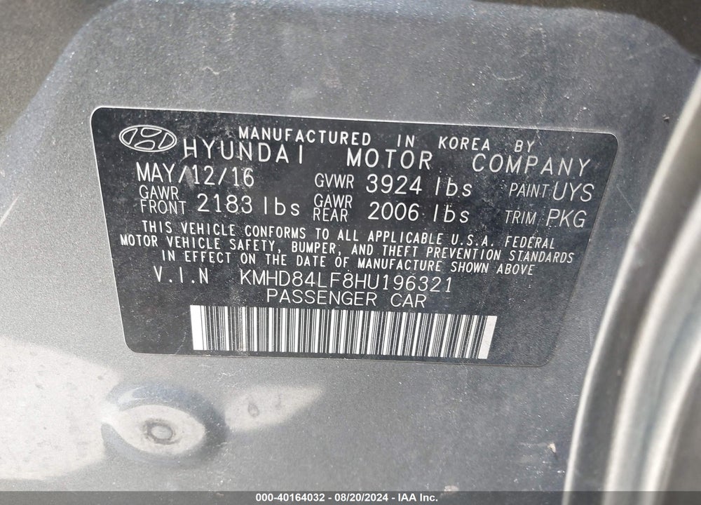 2017 HYUNDAI ELANTRA SE VIN: KMHD84LF8HU196321