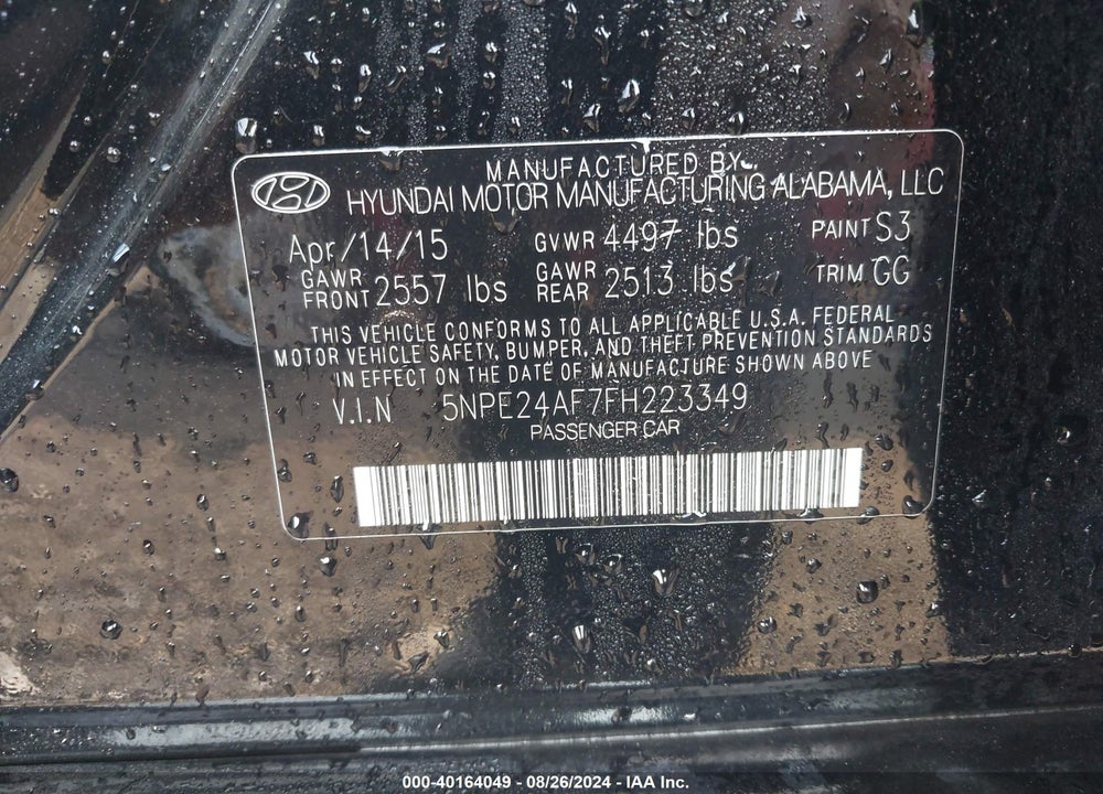 2015 HYUNDAI SONATA SE VIN: 5NPE24AF7FH223349