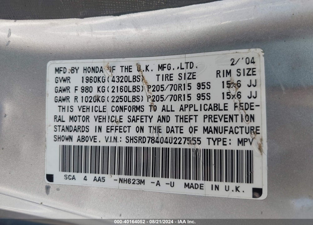 2004 HONDA CR-V LX VIN: SHSRD78404U227555