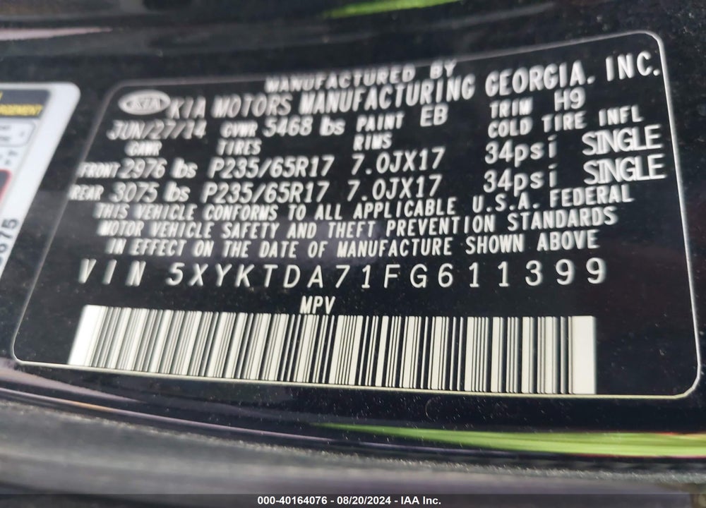 2015 KIA SORENTO LX V6 VIN: 5XYKTDA71FG611399