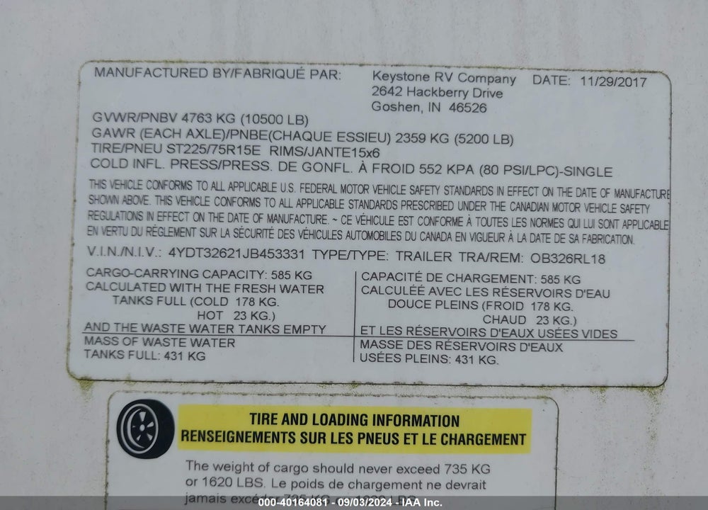 2018 KEYSTONE RV OUTBACK RT VIN: 4YDT32621JB453331