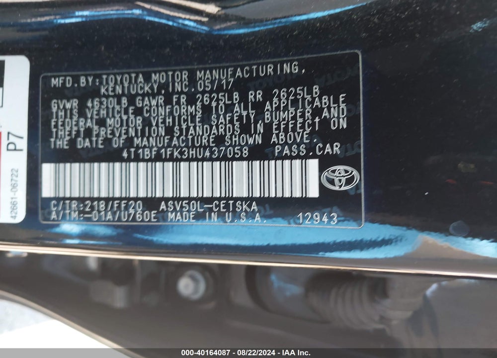 2017 TOYOTA CAMRY SE VIN: 4T1BF1FK3HU437058
