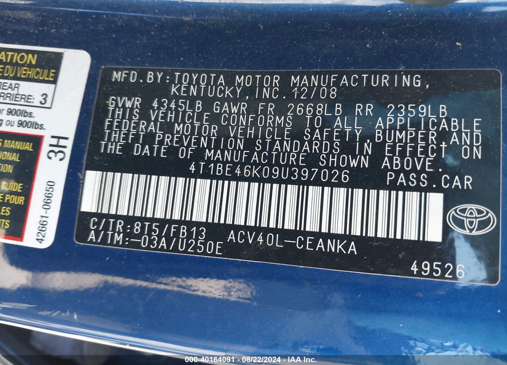 2009 TOYOTA CAMRY LE VIN: 4T1BE46K09U397026