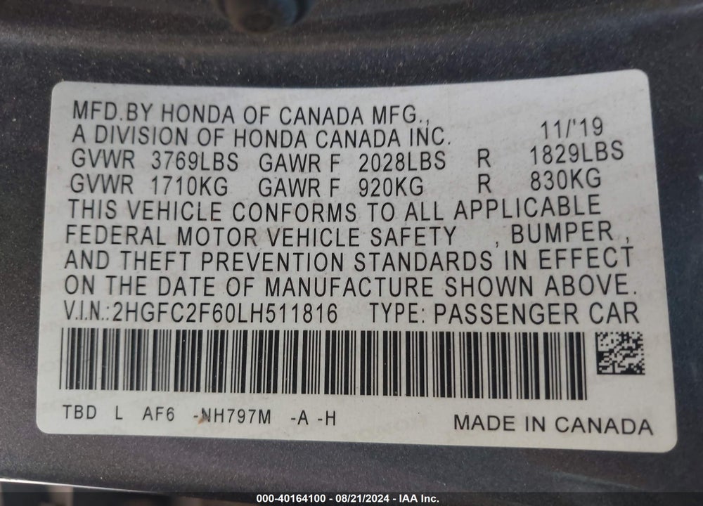 2020 HONDA CIVIC LX VIN: 2HGFC2F60LH511816