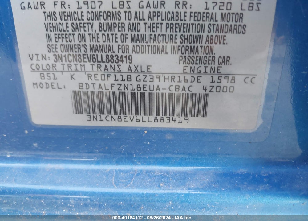 2020 NISSAN VERSA SV XTRONIC CVT VIN: 3N1CN8EV6LL883419