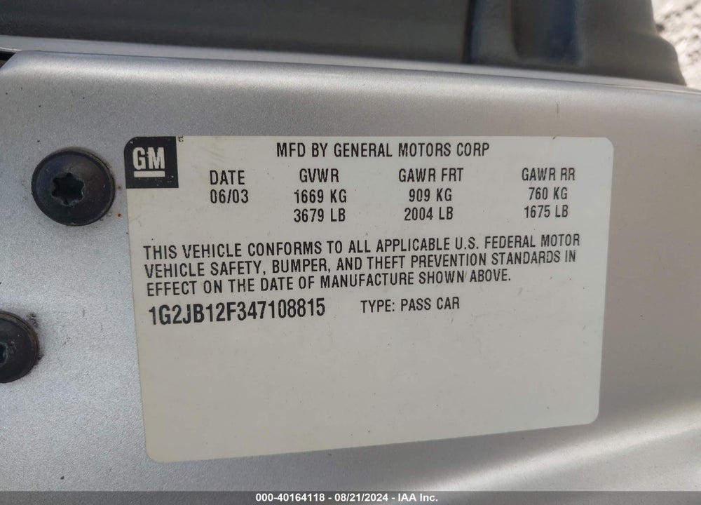 2004 PONTIAC SUNFIRE VIN: 1G2JB12F347108815