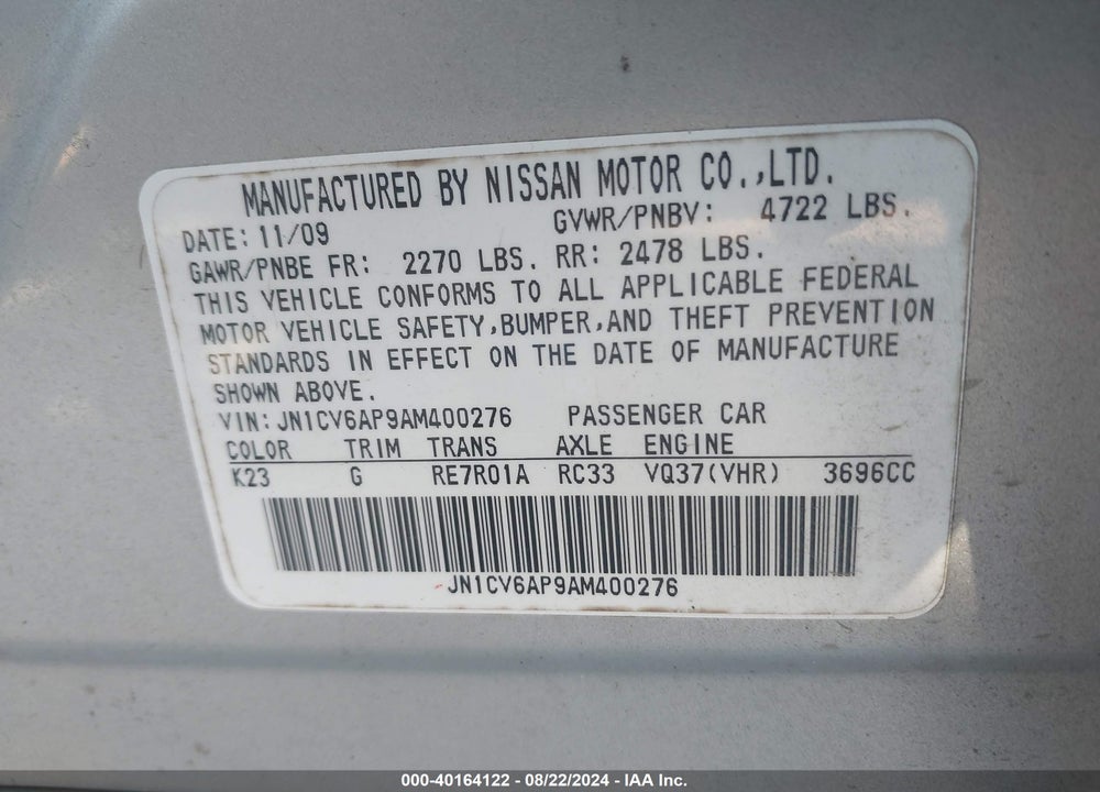 2010 INFINITI G37 JOURNEY VIN: JN1CV6AP9AM400276