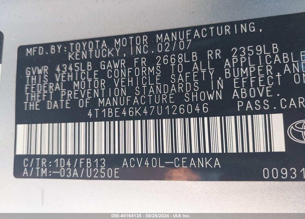 2007 TOYOTA CAMRY LE VIN: 4T1BE46K47U126046
