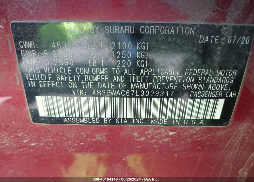 2020 SUBARU LEGACY PREMIUM VIN: 4S3BWAC67L3029317