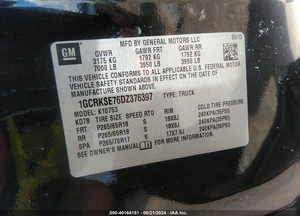 2013 CHEVROLET SILVERADO 1500 LT VIN: 1GCRKSE76DZ376397