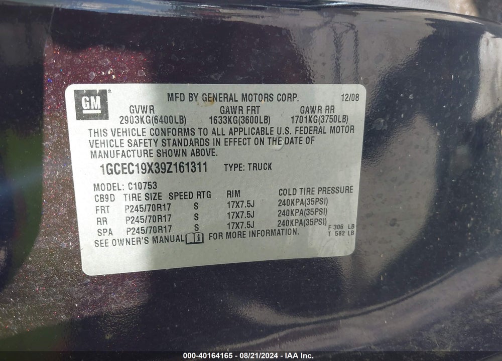 2009 CHEVROLET SILVERADO 1500 VIN: 1GCEC19X39Z161311