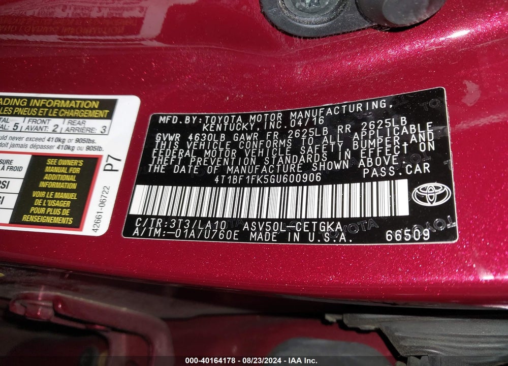2016 TOYOTA CAMRY XLE VIN: 4T1BF1FK5GU600906