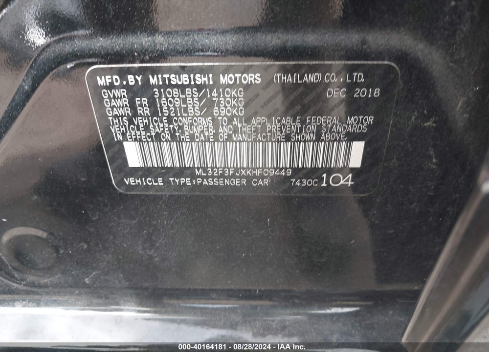 2019 MITSUBISHI MIRAGE G4 ES VIN: ML32F3FJXKHF09449