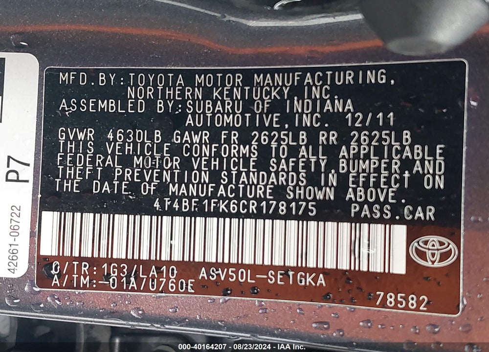 2012 TOYOTA CAMRY XLE VIN: 4T4BF1FK6CR178175
