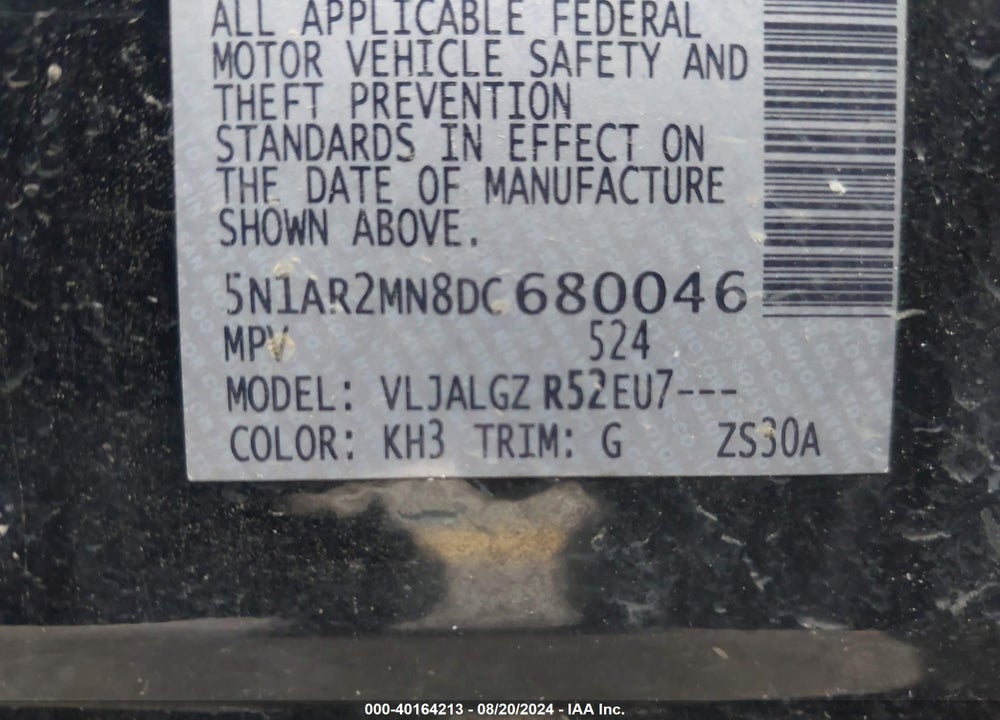 2013 NISSAN PATHFINDER SL VIN: 5N1AR2MN8DC680046