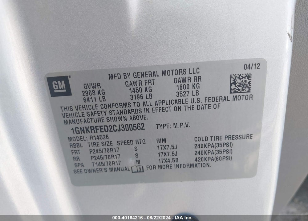 2012 CHEVROLET TRAVERSE LS VIN: 1GNKRFED2CJ300562