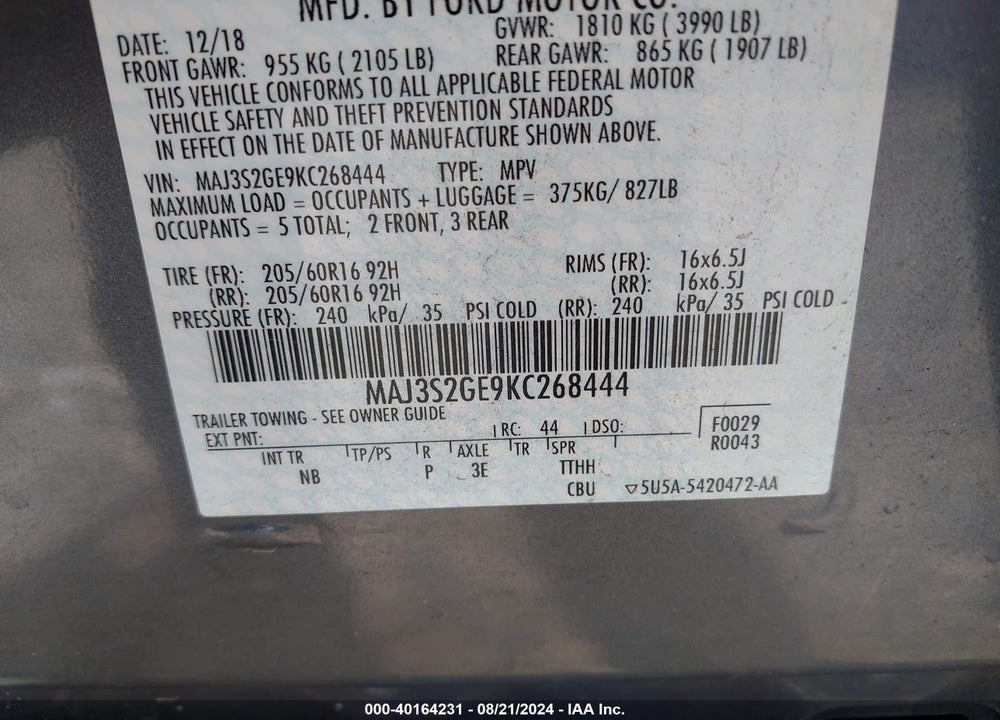 2019 FORD ECOSPORT SE VIN: MAJ3S2GE9KC268444