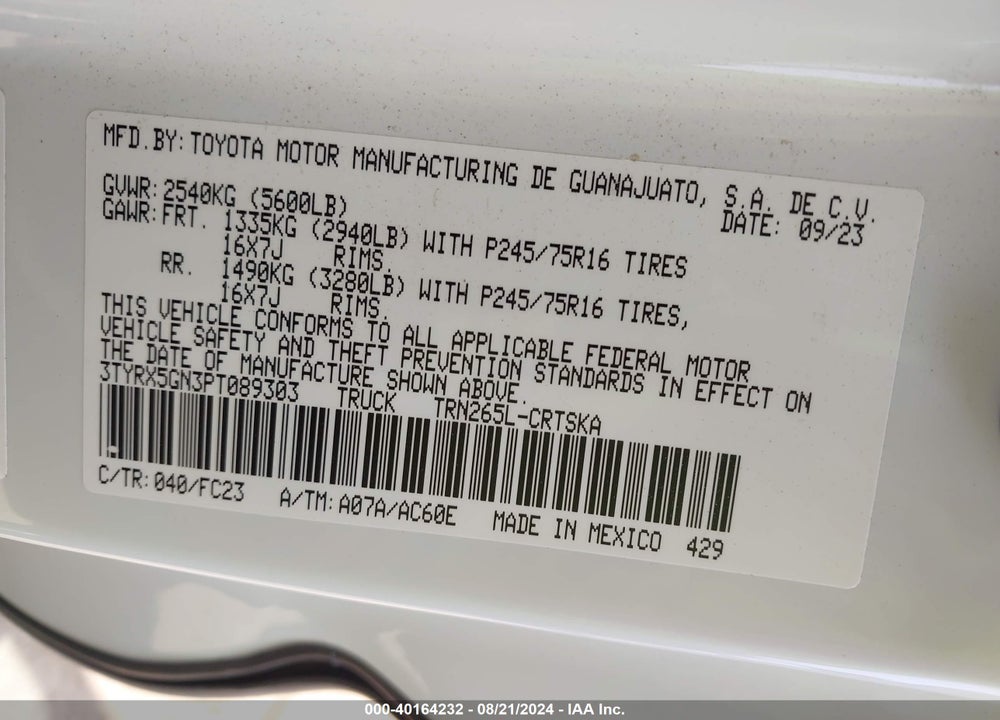 2023 TOYOTA TACOMA SR5 VIN: 3TYRX5GN3PT089303