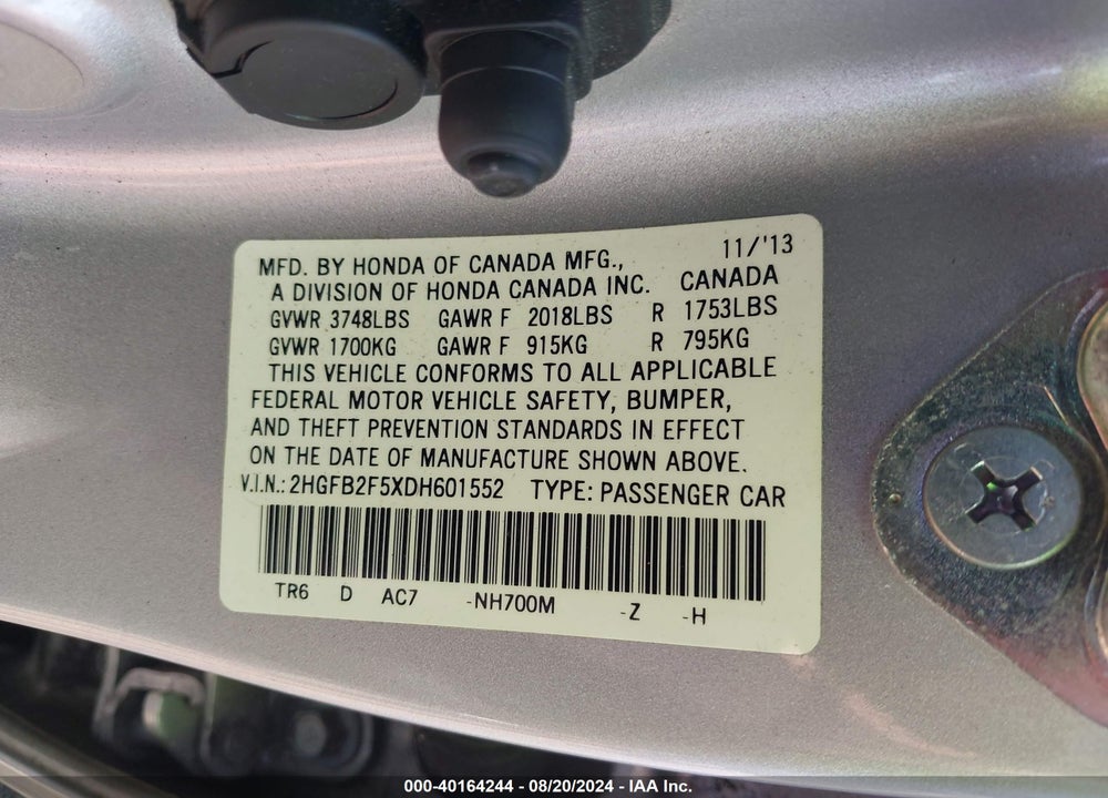 2013 HONDA CIVIC LX VIN: 2HGFB2F5XDH601552