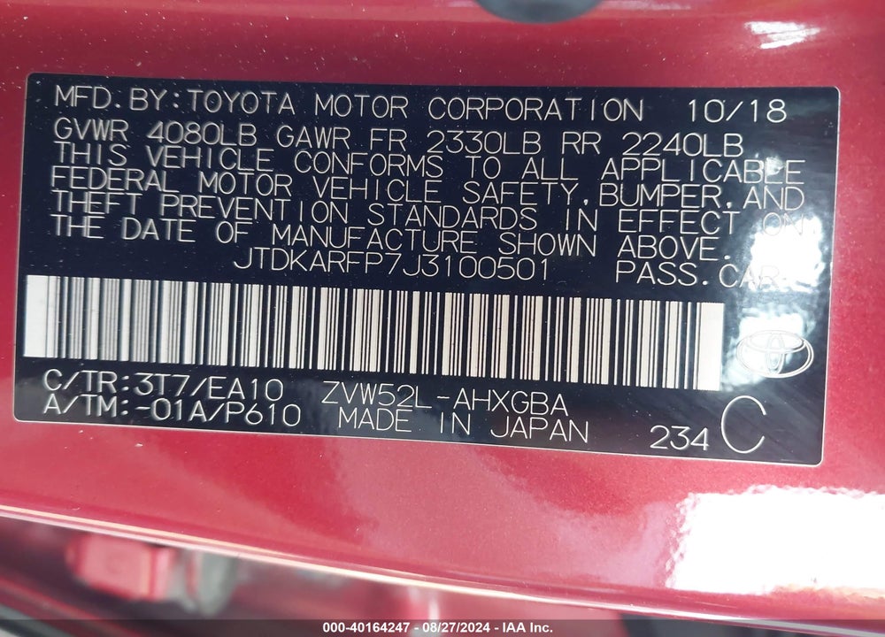 2018 TOYOTA PRIUS PRIME PREMIUM VIN: JTDKARFP7J3100501
